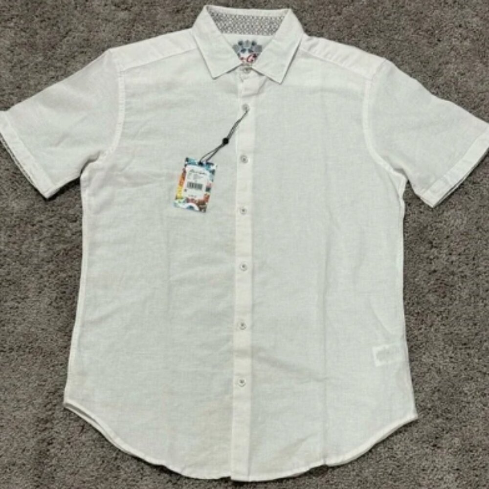 Robert Graham White Linen Blend Classic Fit Borsi Short Sleeve Shirt Mens Size S